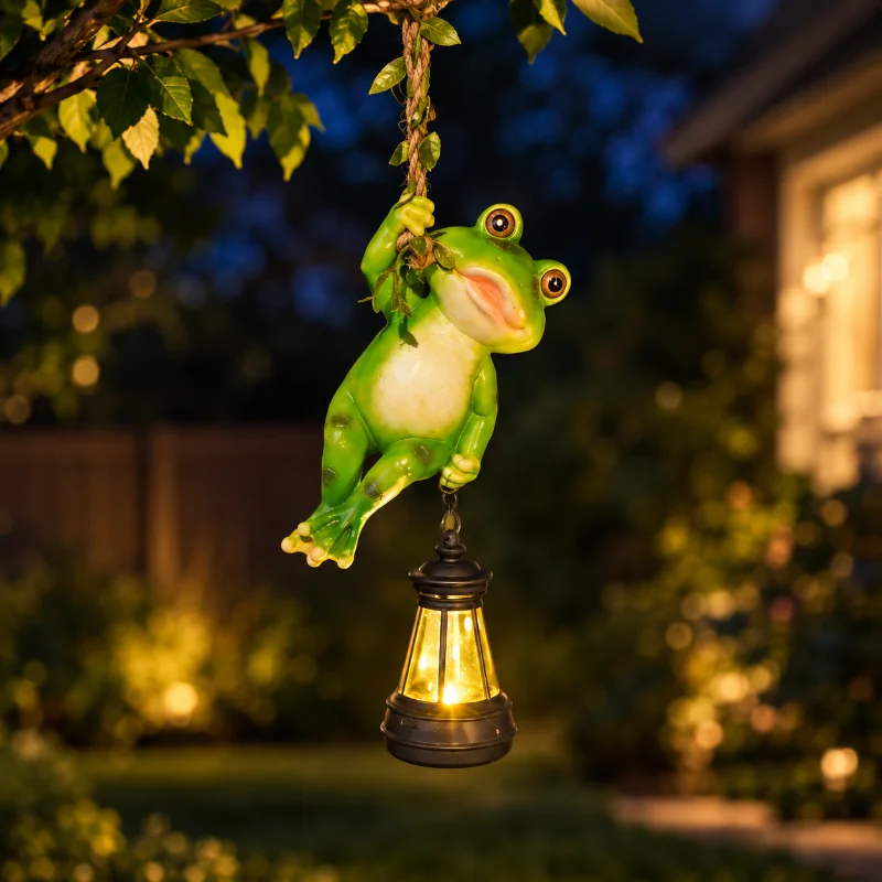 Solar Frog Turtle Outdoor Garden Light, Hanging Climbing Rope on A Vine for Outside Yard Art Sculptures Porch Balcony Wall Decor