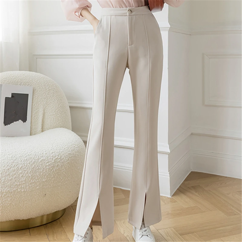 Seoulish High Waist Women's Long Pants 2024 New Solid Color Office Lady Patchwork Flare Skinny Casual Suit Trousers Female