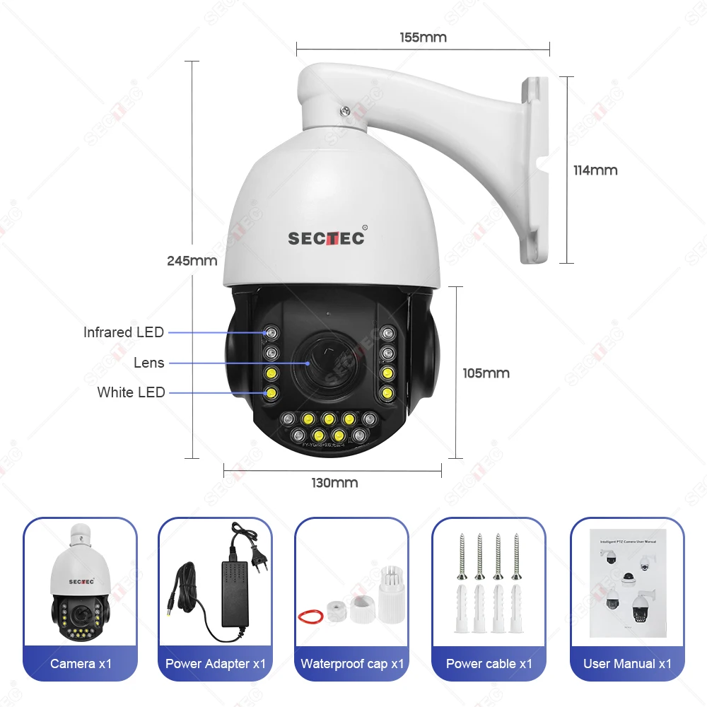 Sectec 5MP HD Panoramic CCTV IP Camera 30x Two-way Audio CCTV Security Wireless PTZ Camera 30x Zoom Optical Zoom Network Camera