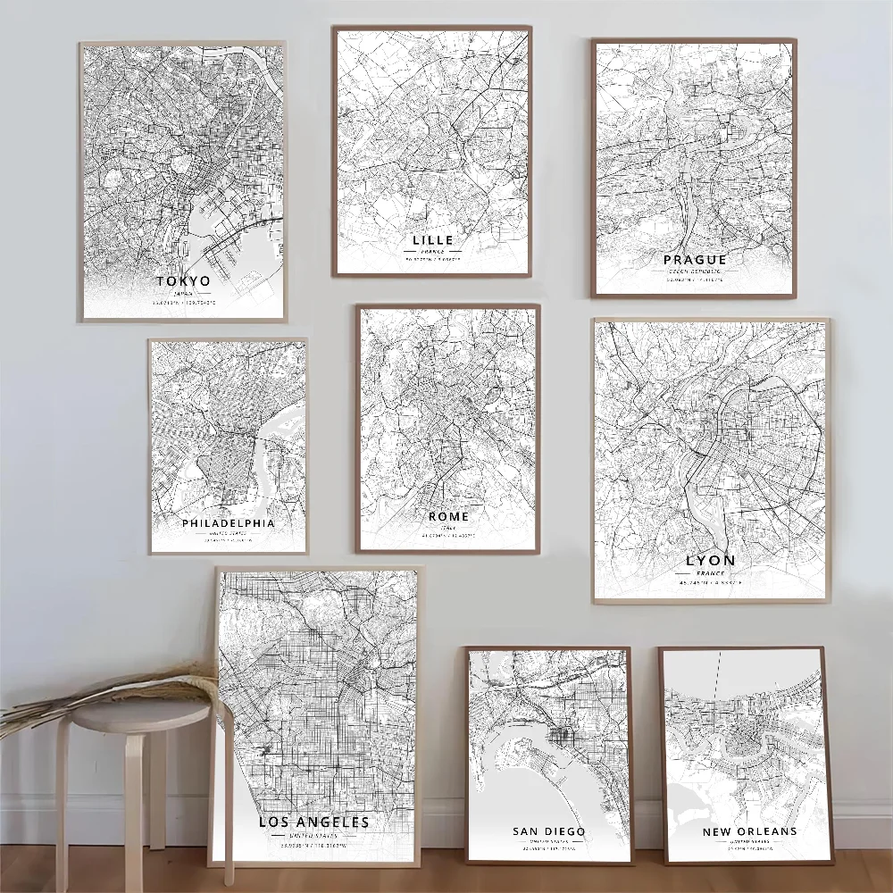 Parigi roma roma Dubai milano nero bianco mappa della città poster Vintage Sticky Vintage Room Home Bar Cafe Decor Kawaii Room Decor