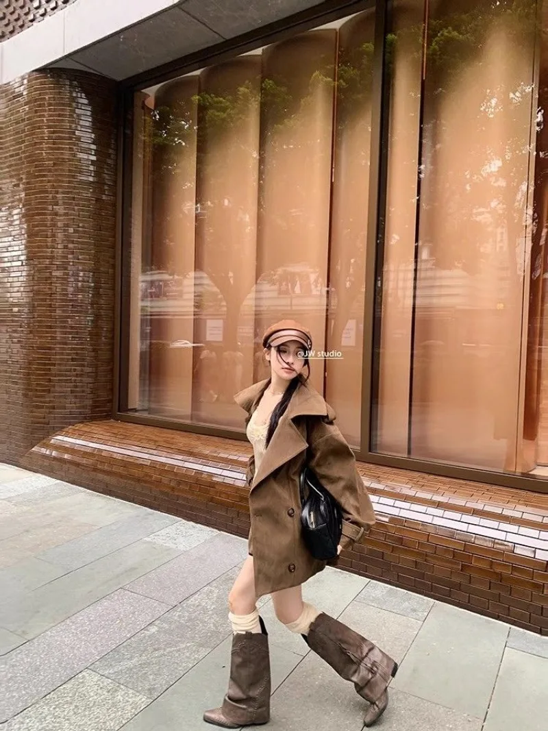 Shpmishal Retro Fashion Coffee Colored Lapel Coat for Women's Autumn New Style Suede Loose Casual Jacket Female Clothing