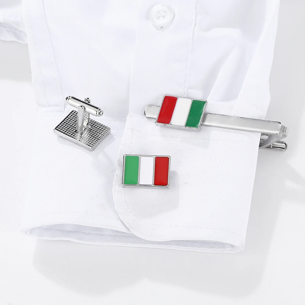 Flag of Italy Cufflinks&Tie Clip Set Red White Green Bandiera d\'Italia Sleeve Button Jewerly Accessories