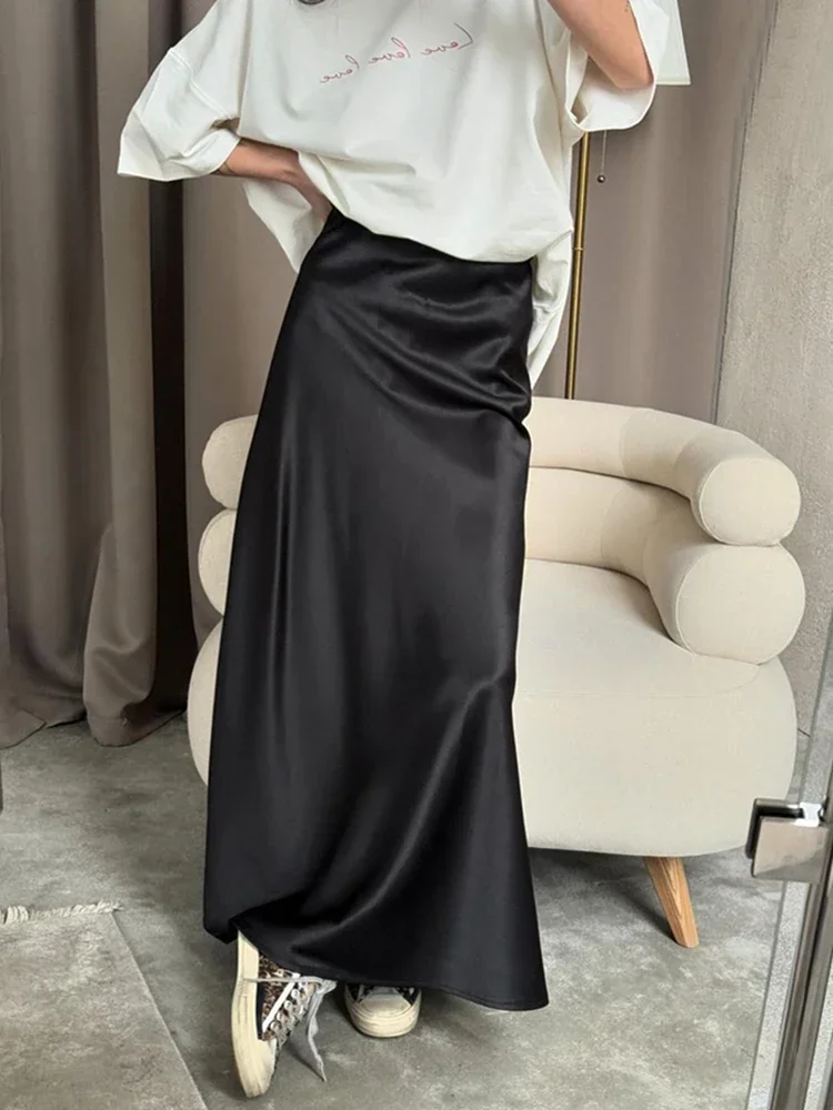 Women\'s Long Skirt High-waisted Satin Summer Skirt Lady Elegant Silk Slim Solid Champagne Black Casual A-line Skirt for Women