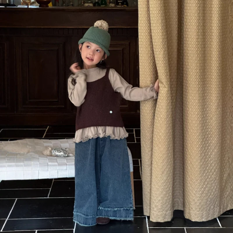 Girls Suit2025Autumn New Stylish Little Girl Knitted Vest Two-Piece Set Fashionable Children