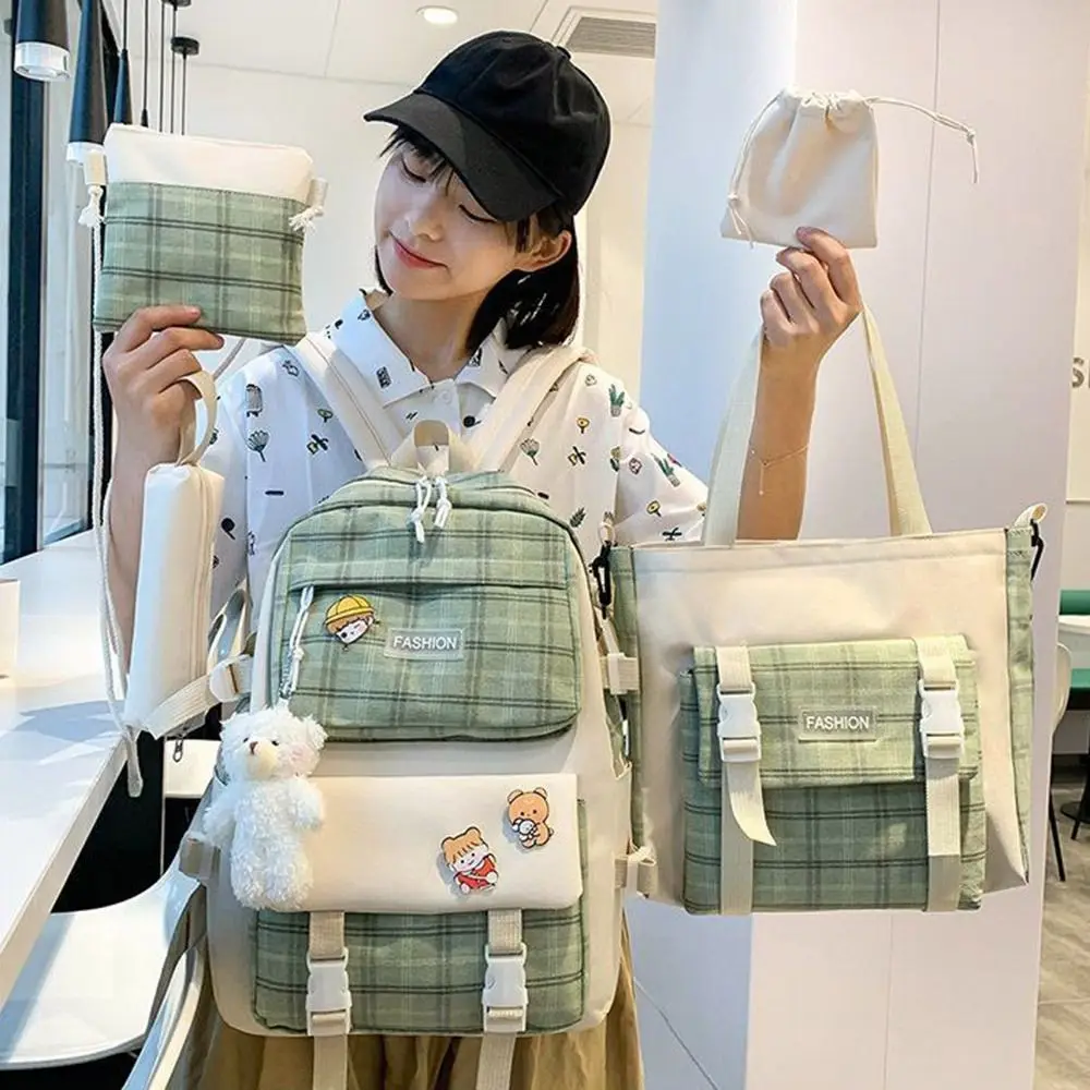 

5Pcs/Set Large Capacity Cute Plaid Backpack Korean Style Adjustable Straps Cartoon Shoulder Bag Simple Commute