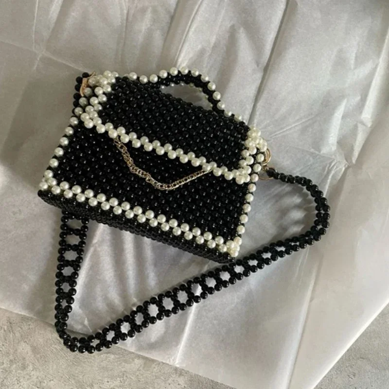 

Designer Women's Bag Black White Splicing Beaded Handmade Weaving Crossbody Bags Fashion Shoulder Handbag DIY Customization