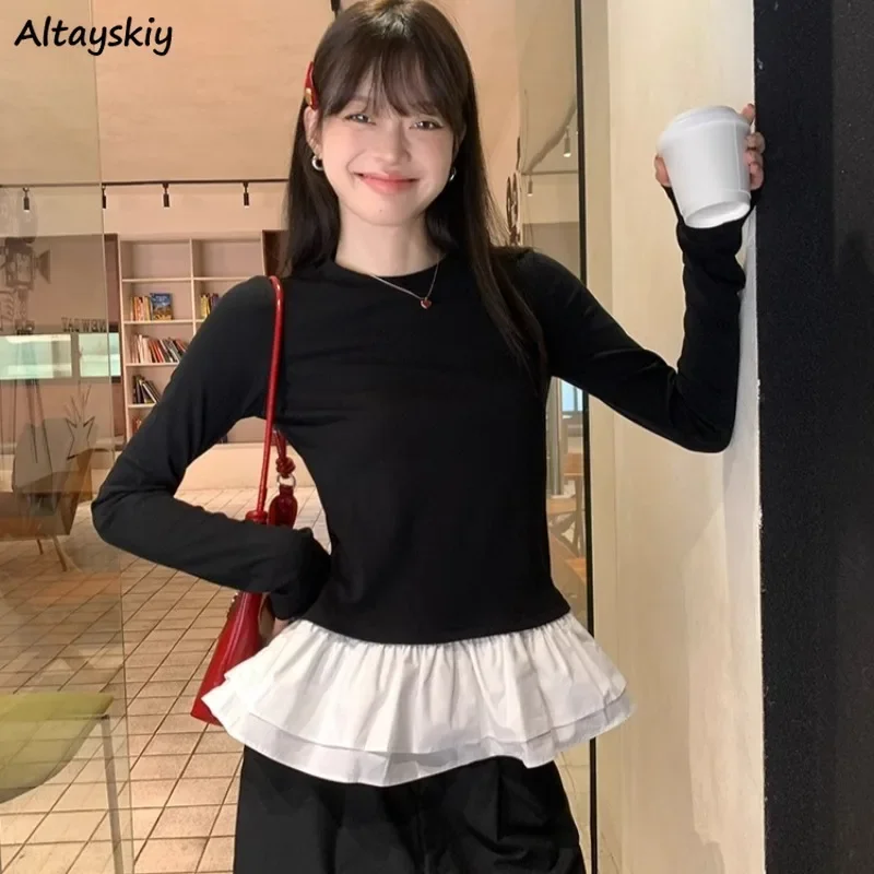 

Футболки с длинными рукавами, женская корейская одежда, лоскутные топы для похудения со вставками, с внутренними оборками, базовый дизайн, милые девушки, осенний шик