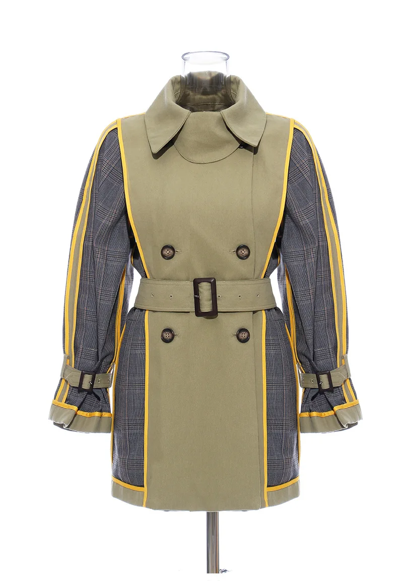 شخصية السيدات منتصف طول عكسها خندق معطف مزدوجة الصدر متقلب المرقعة المرأة عكسها خندق معطف