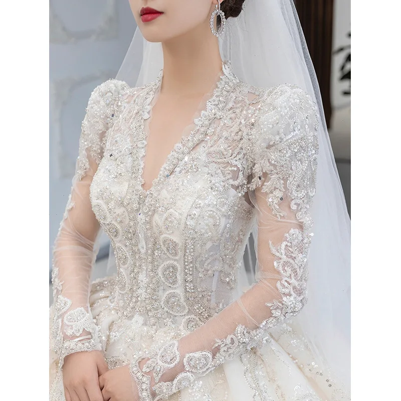 Precioso Vestido De Novia De manga larga para mujer, Vestido De Novia con apliques De lentejuelas y cuello en V, Vestido De Novia elegante