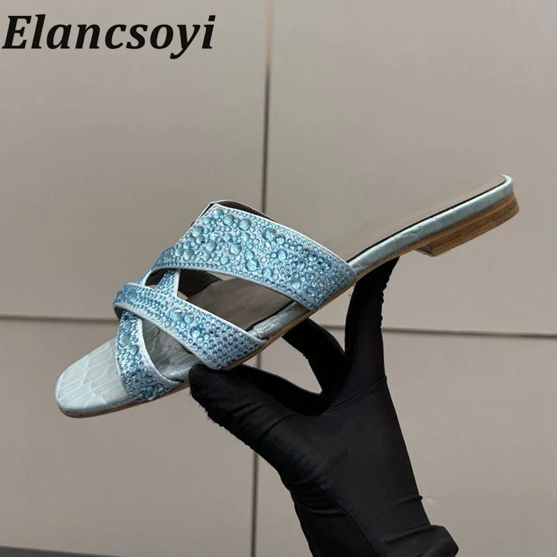 Sparkling rhinestone decorative flat slippers women comfortable solid color shallow mouth sandals summer vacation beach sandals