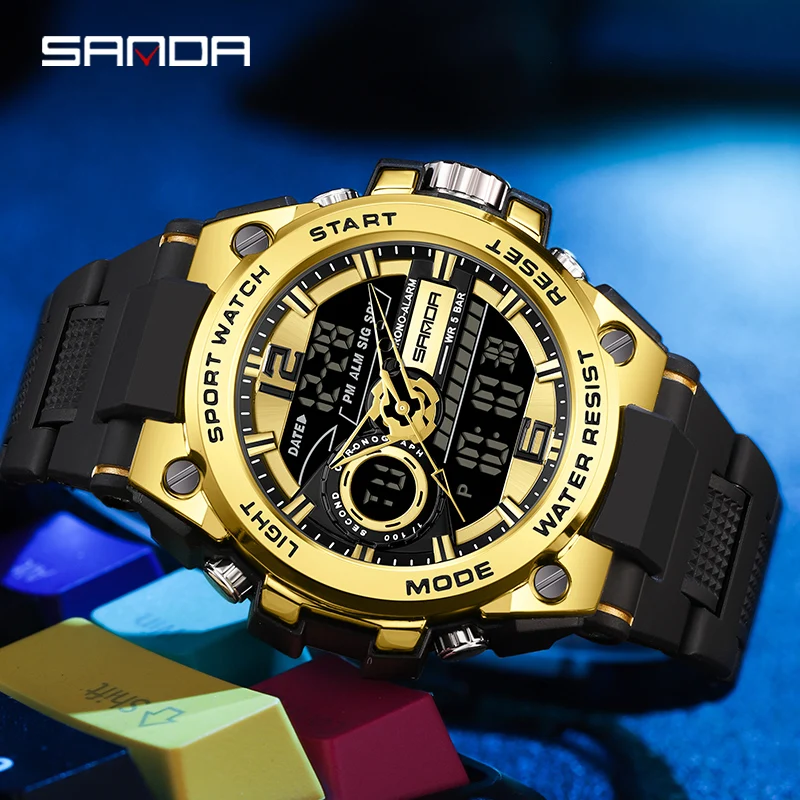 Sanda Trendy Mannen Multifunctionele Dual Display Horloge Hd Led Digitale 50M Waterdichte Militaire Horloges Wekker Timing Reloj 9010