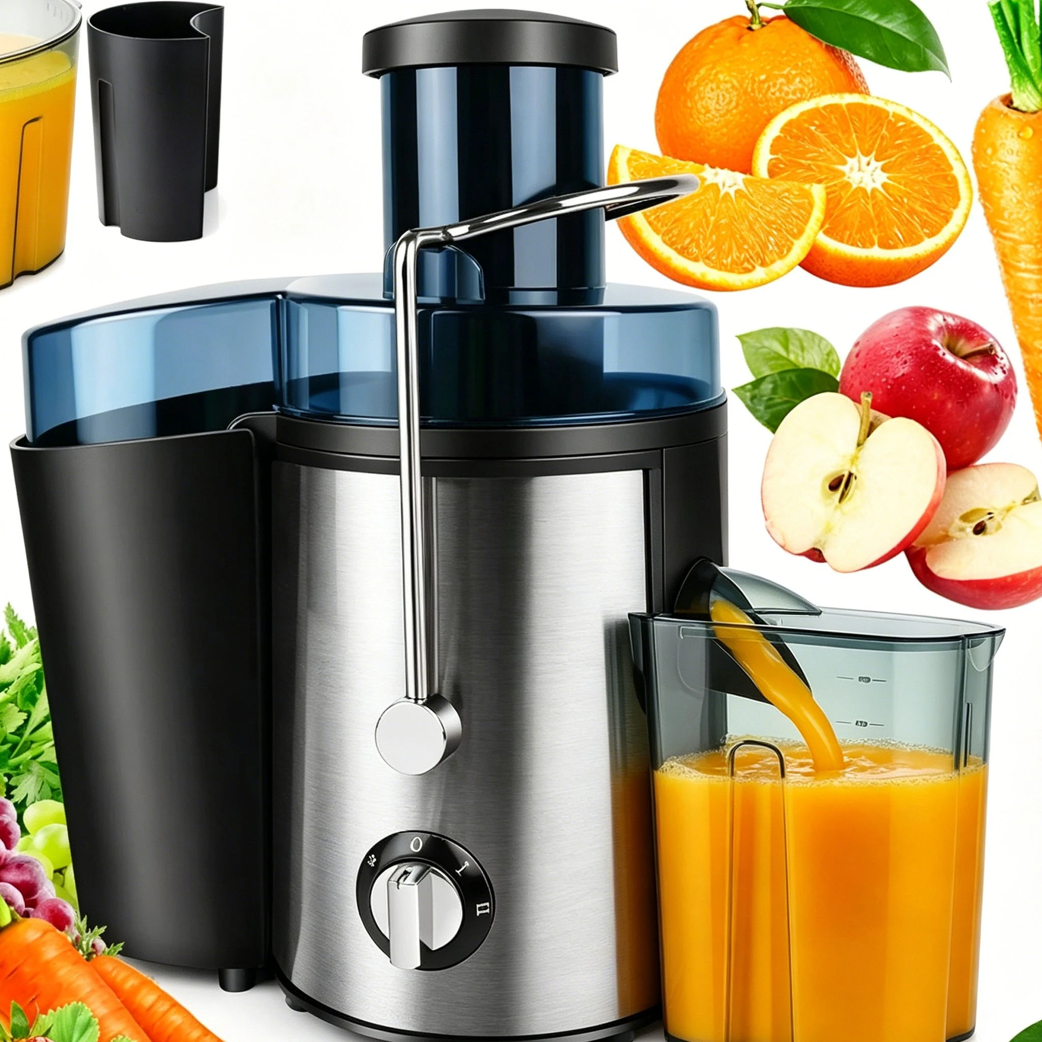 Obst- und Gemüsesaftpresse 1000W Professioneller Hochleistungs-Zentrifugalentsafter mit 2 Geschwindigkeiten und breiter Einfüllöffnung für schnelles und einfaches Entsaften, 500ML für ganze Früchte