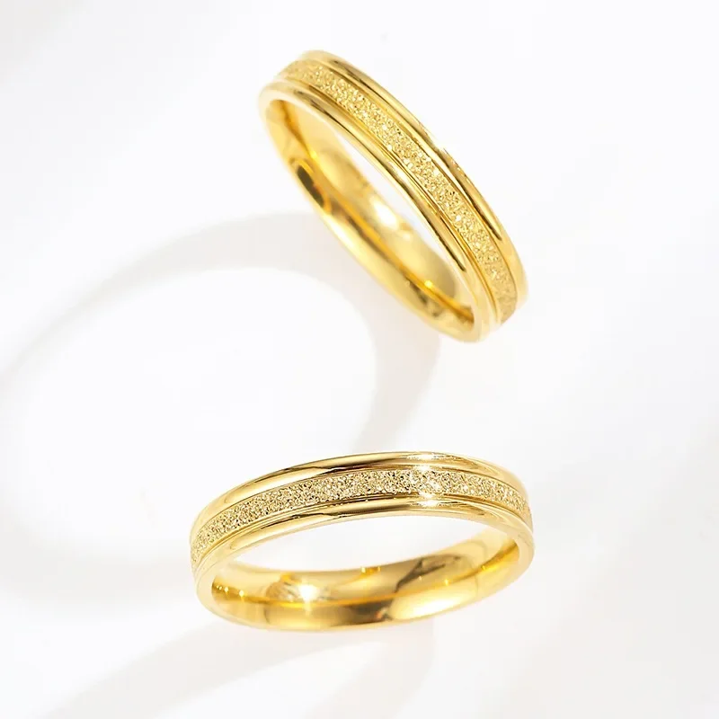 Never Fade 4mm Frosted Ring Fashion Gold Color Stainless Steel Rings For Men and Women Exclusive Couple Wedding Band Gift Rings