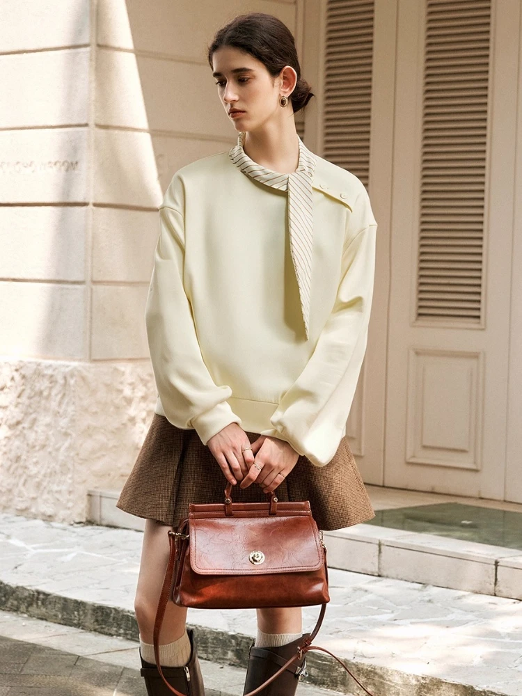 OLrain Women's Sweatshirts Solid Tie-collar Long Sleeve Pullovers 2025 Autumn New in French Style Female Clothing M57QR000169