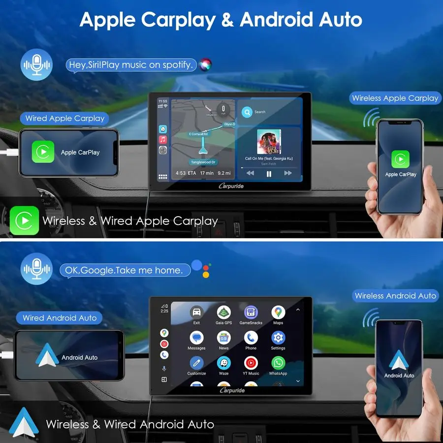 شاشة تشغيل السيارة مقاس 9 بوصة من CARPURIDE للسيارة، متوافقة مع Apple CarPlay السلكية اللاسلكية، Android Auto وMirror Link Bluetooth A