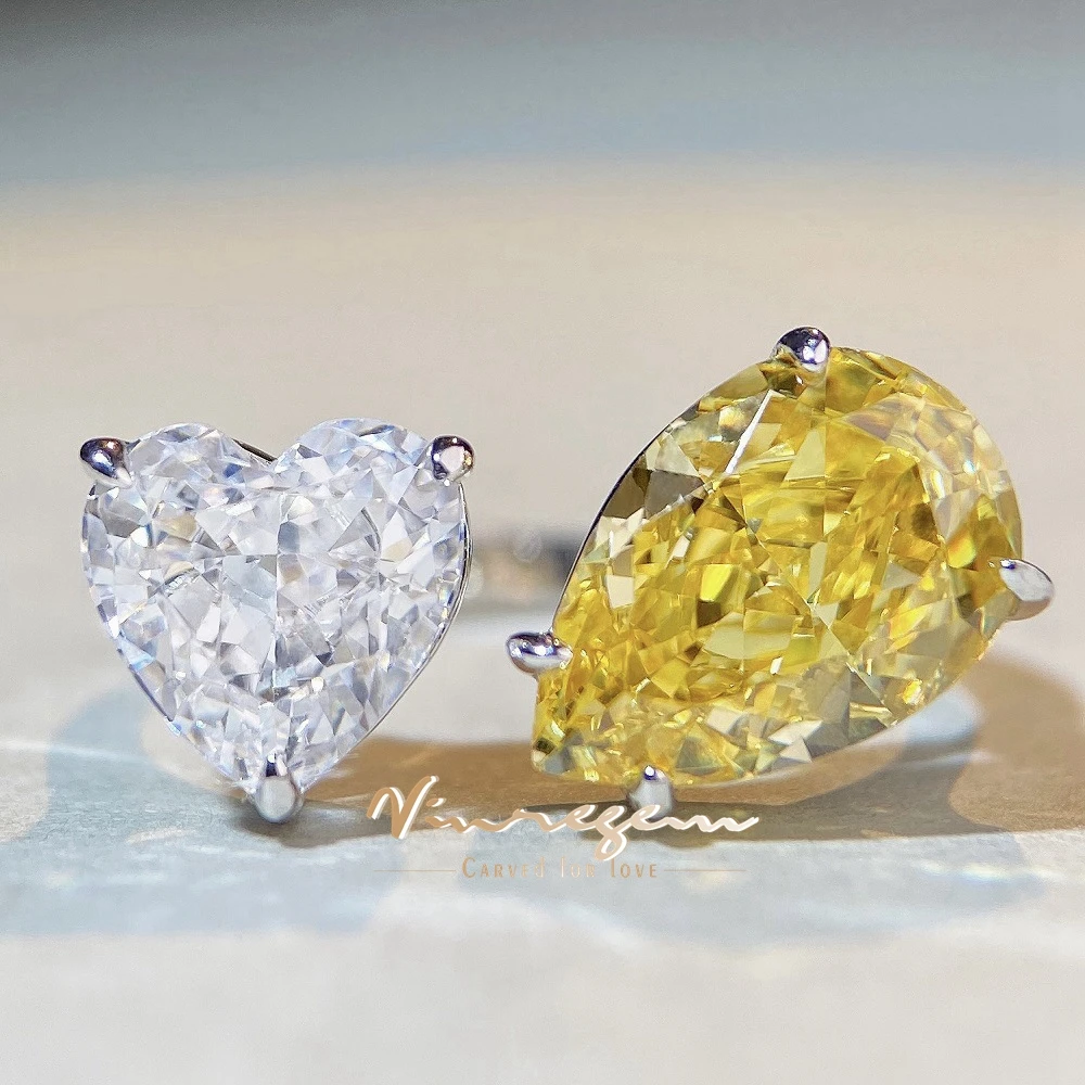 

Vinregem 2-7 CT Heart Pear Cut Citrine Sapphire High Carbon Diamond Gemstone 100% 925 Sterling Silver Open Rings Fine Jewelry