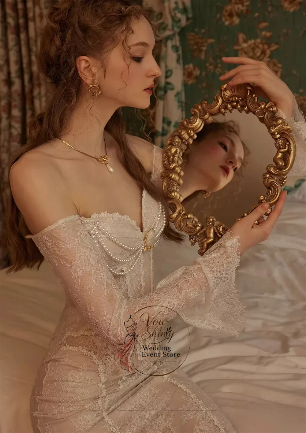 Vow Shiny Exquisite Lace Mid-Calf Sheath Wedding Dress Sweetheart Off Shoulder Long Flare Sleeve 2027 Customized Robe De Mariée