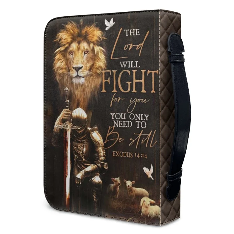 Lion Knight Inspirational Verse Design Personalized Print Church Bible Cover Case PU Handbag Study Book Holy Storage Box For Men