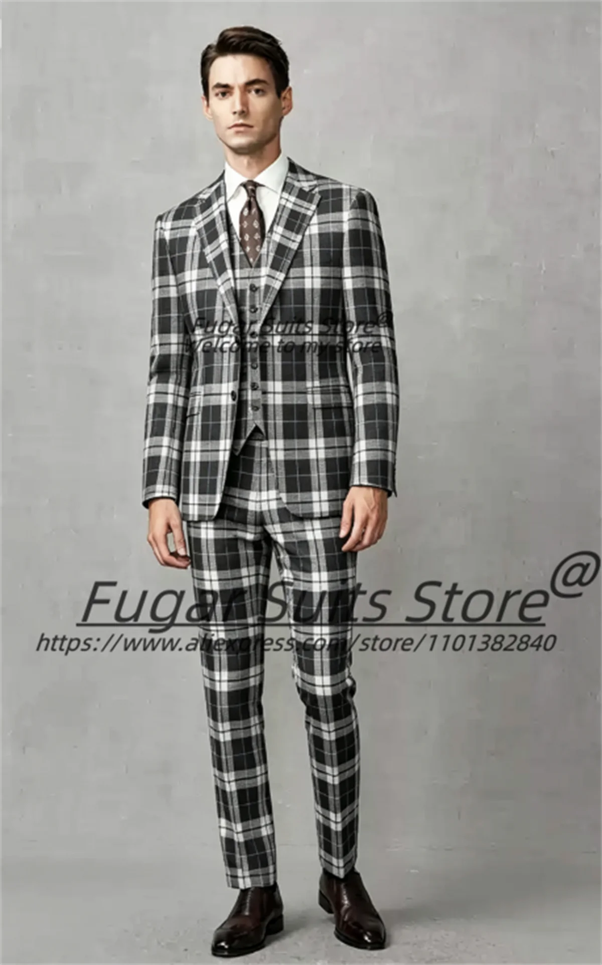 Business Formal Plaid Men Suits Customized Slim Fit Notched Lapel Groom Wedding Tuxedos 3Pcs Sets Male Party Blazers Ropa Hombre