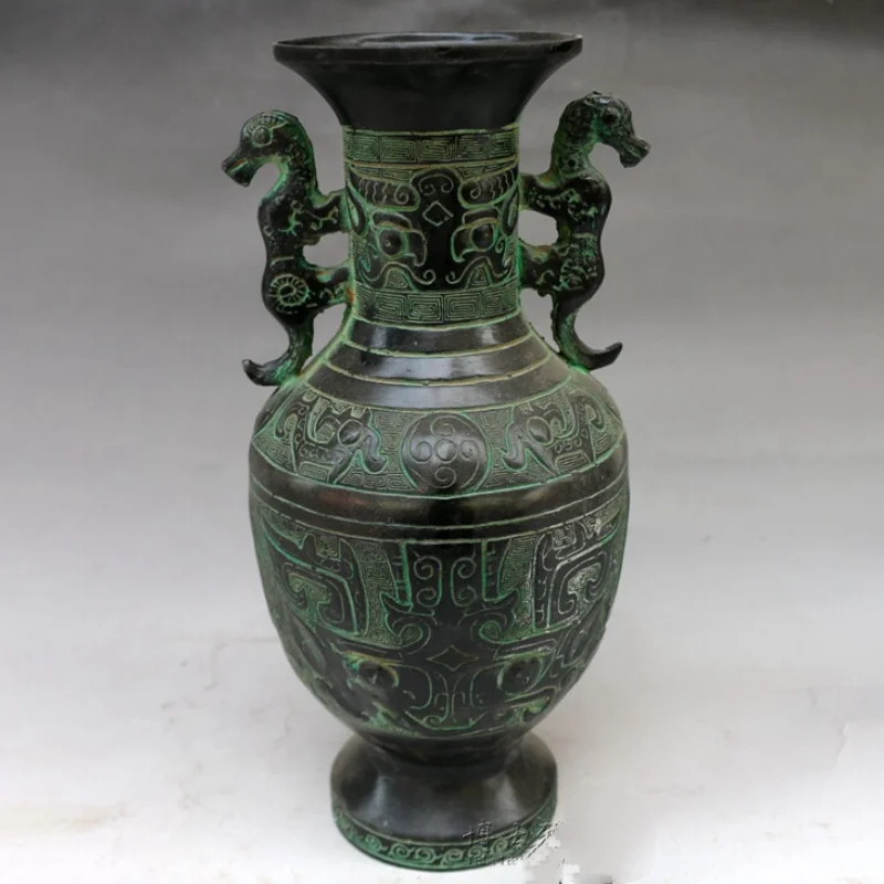 Chinese Bronze Style Vase Retro Archaic Beast Pattern Dragon Double Ear Vase Home Desktop Decor Curio Collectible Craft