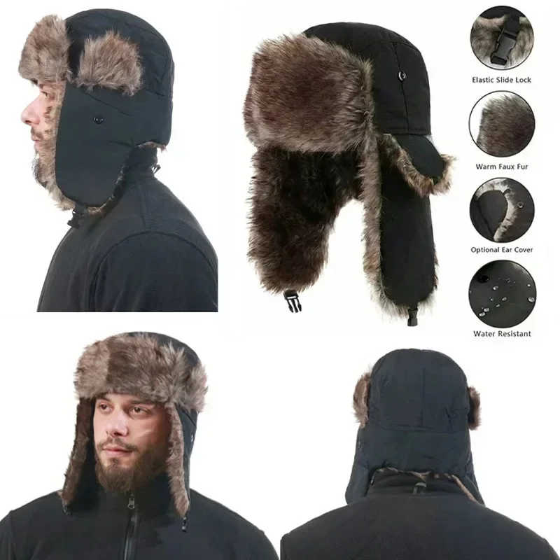 Men's Winter Trapper Aviator Trooper Earflap Warm Russian Waterproof Ski Hat Bomber Cap Russian Warm Ear Protectors Hats