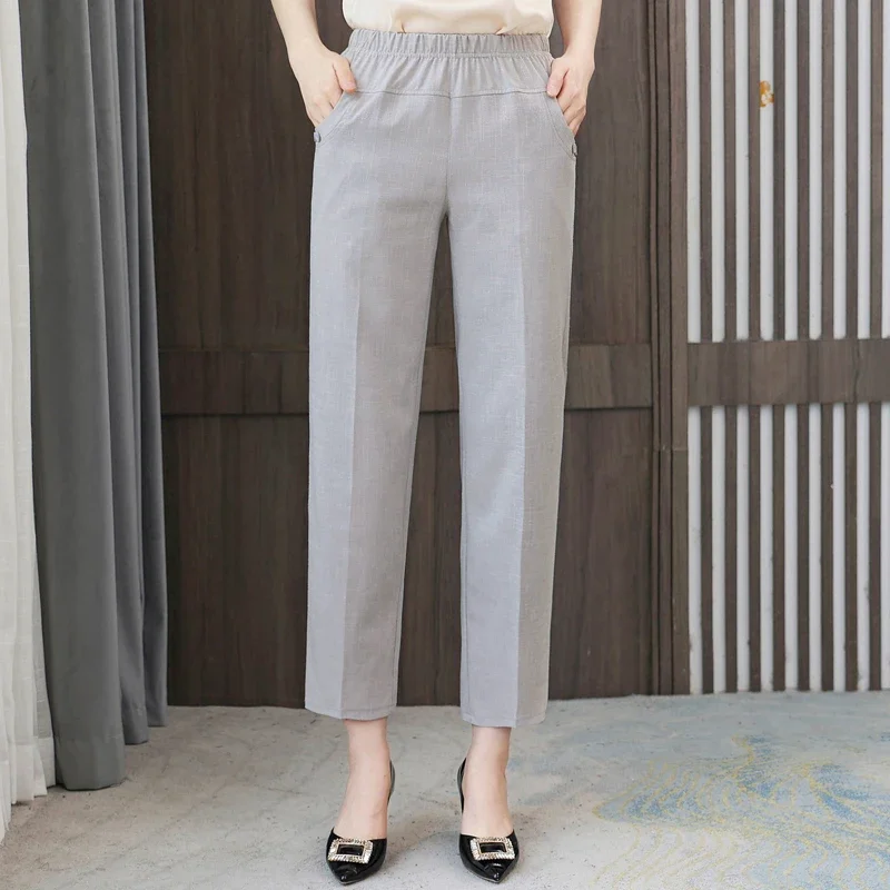 

Summer High Waist Pants for Women Elegant Ankle-Length Women's Classic Pants Summer Vintage Elastic Waist Cotton Linen Trousers