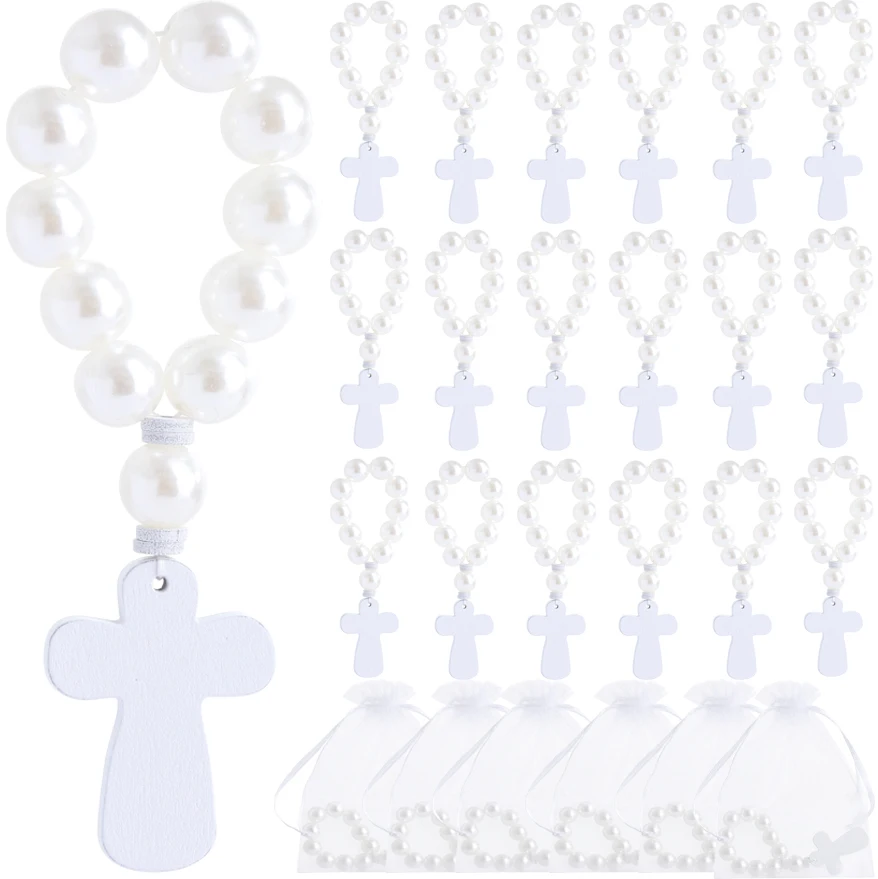 6/12/18PCS Acrylic Rosary Bulk Catholic with Crucifix Wooden Cross Pendant with White Mesh Bags for Baptism First Communion