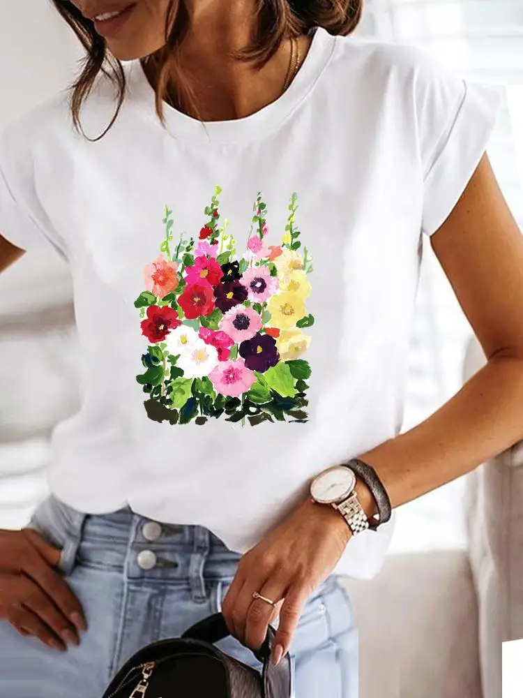 

Женская летняя одежда, футболка с графическим рисунком, модная футболка с коротким рукавом и принтом, акварельная Милая одежда с цветами и надписью Love, футболка, Женский Топ