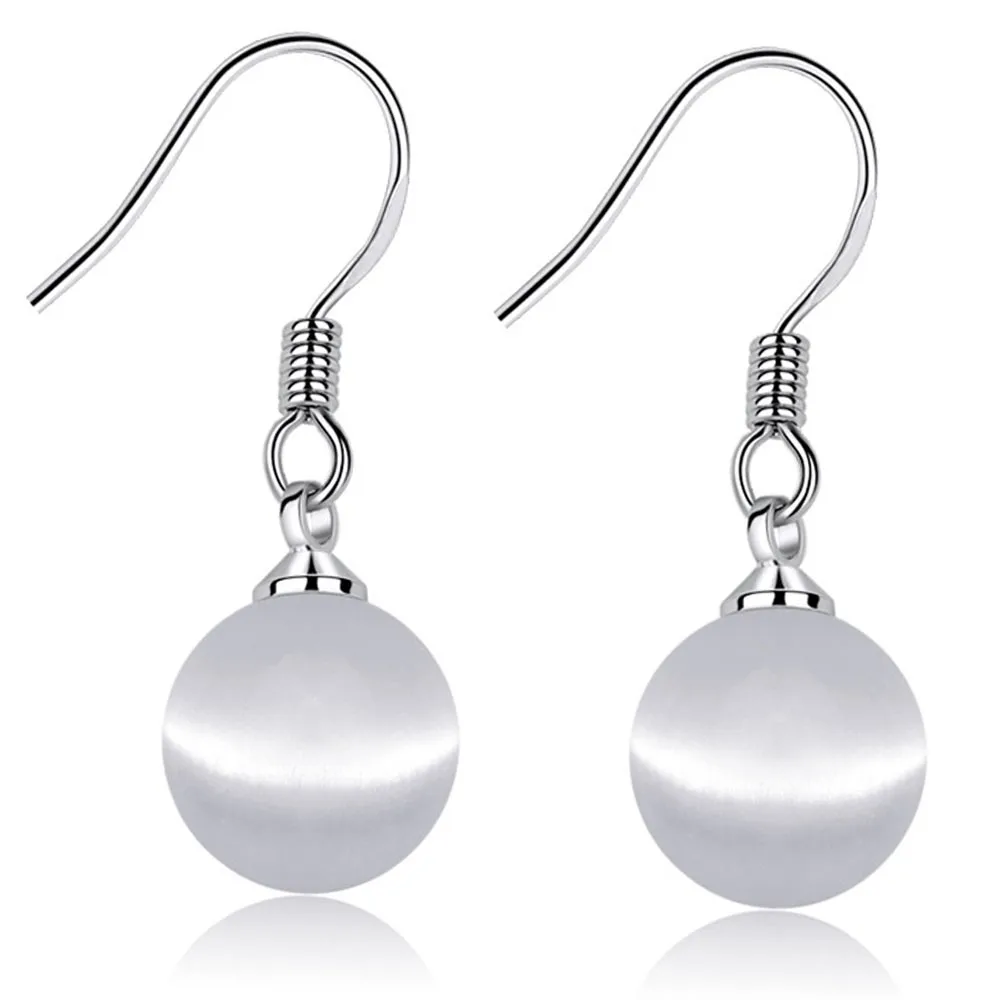 White Opal Bead Earrings Korean Silver Plated Drop Earrings For Women Earing Jewelry Earings Cat's Eye Stone Earring CF7