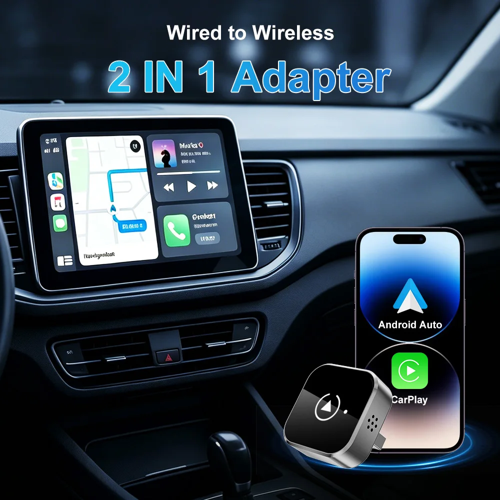 НОВЕЙШИЙ Беспроводной адаптер CarPlay 2-в-1: проводной в беспроводной, для Apple и Android Auto, Plug and Play, универсальный автомобильный аксессуар