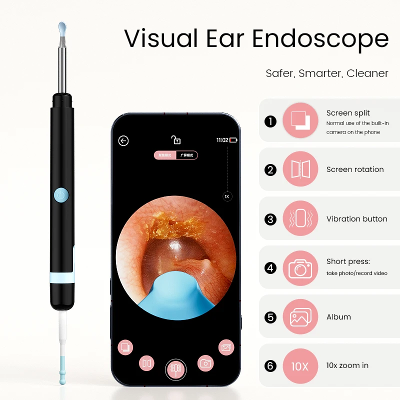 Visual Otoscope Camera LED Ear Pick With Soft Brush Photo/Video Ear Wax Removal Tool For Adults Kids