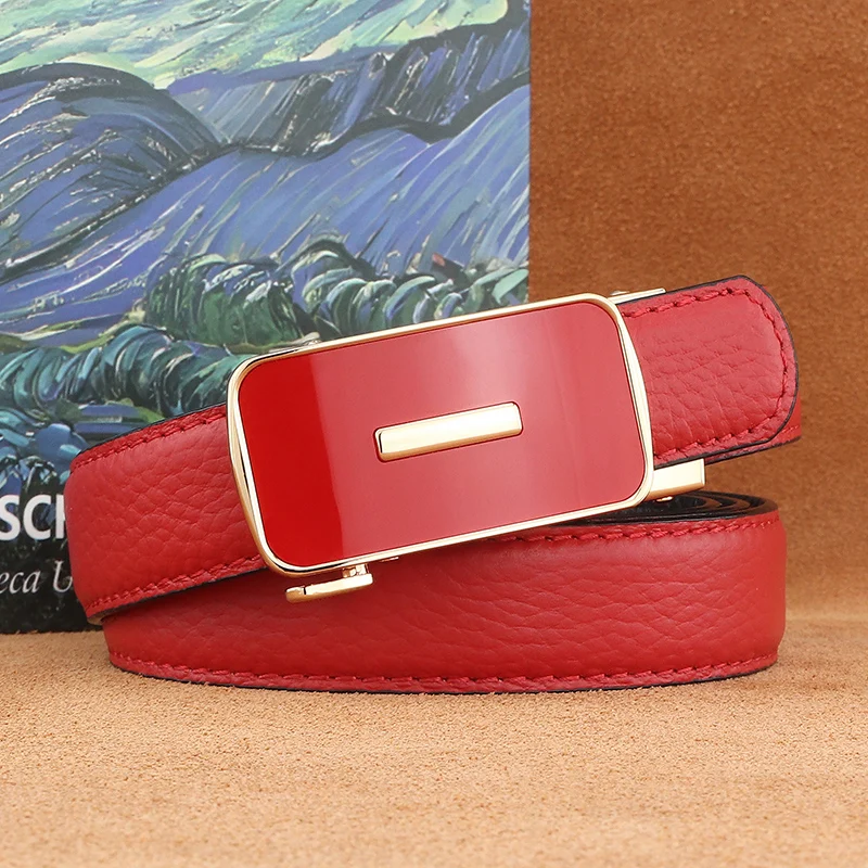 

Fashion corset belt women luxury famous Automatic Buckle 2.4cm fine genuine leather solid color lady jeans waist strap