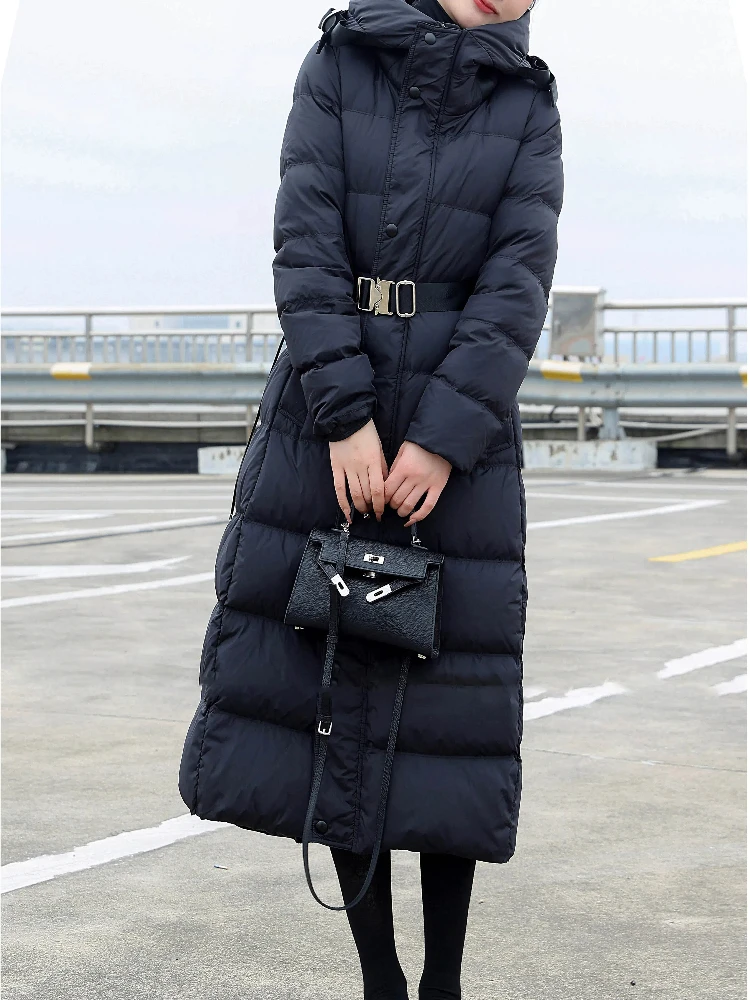 Women\'s Long Coats Down Fashion White Duck Down Coats with Belt Slim Solid Color Oversized Thickened Warm Hooded Down Jacket