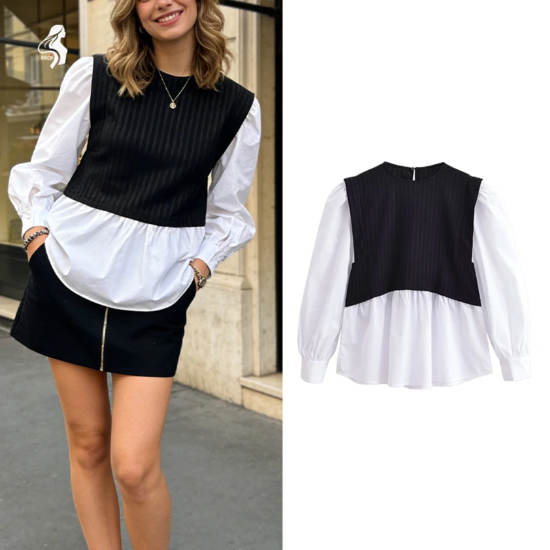 Woman Clothes Color Block Faux Two Piece Top For Women Ribbed Puff Sleeves Autumn And Winter Office Ready Long Sleeve Top