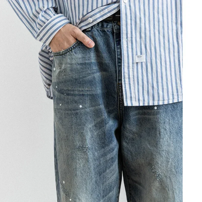 Water Wash Splash Paint Dot Moustache Effect  Hole Make Old Straight Tube Men's Versatile Jeans Trendy