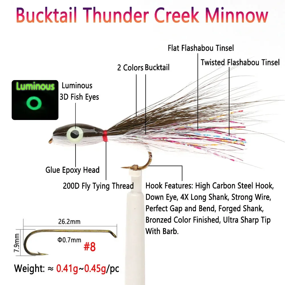 Bimoo 1/2pcs  #8 Luminous 3D Fish Eyes Bucktail Thunder Creek Minnow Fly Small Baitfish Streamer Sea Trout Bass Pike Fish Lures