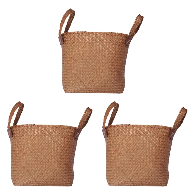 

3X Natural Round Straw Basket Bin Handmade With Handgrip Orange 33X21x26cm