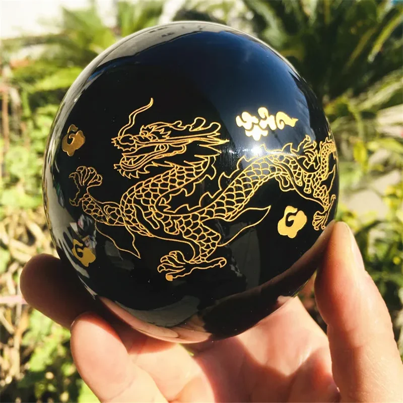 

10cm Natural obsidian dragon with Phoenix crystal ball home decor