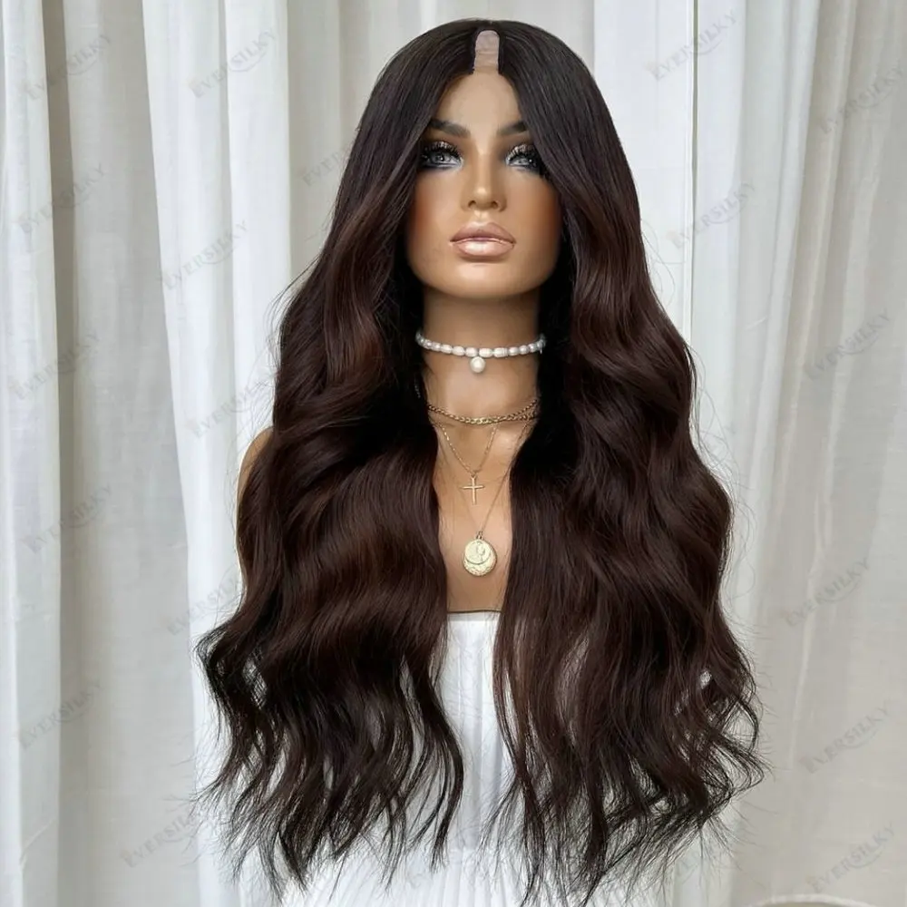 Ombre Red Brown Loose Wave U Part Wig Human Hair for Women Full Machine Made Glueless 1x4 V Part Wig Human Hair Daily Use