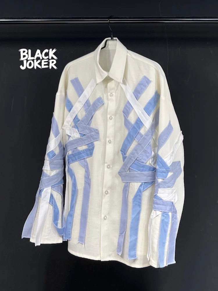 BLACK JOKER Original Design Patchwork Striped Breathable Off-White Shirt New Arrival Inner Layer Long-Sleeve Shirt Unisex tops