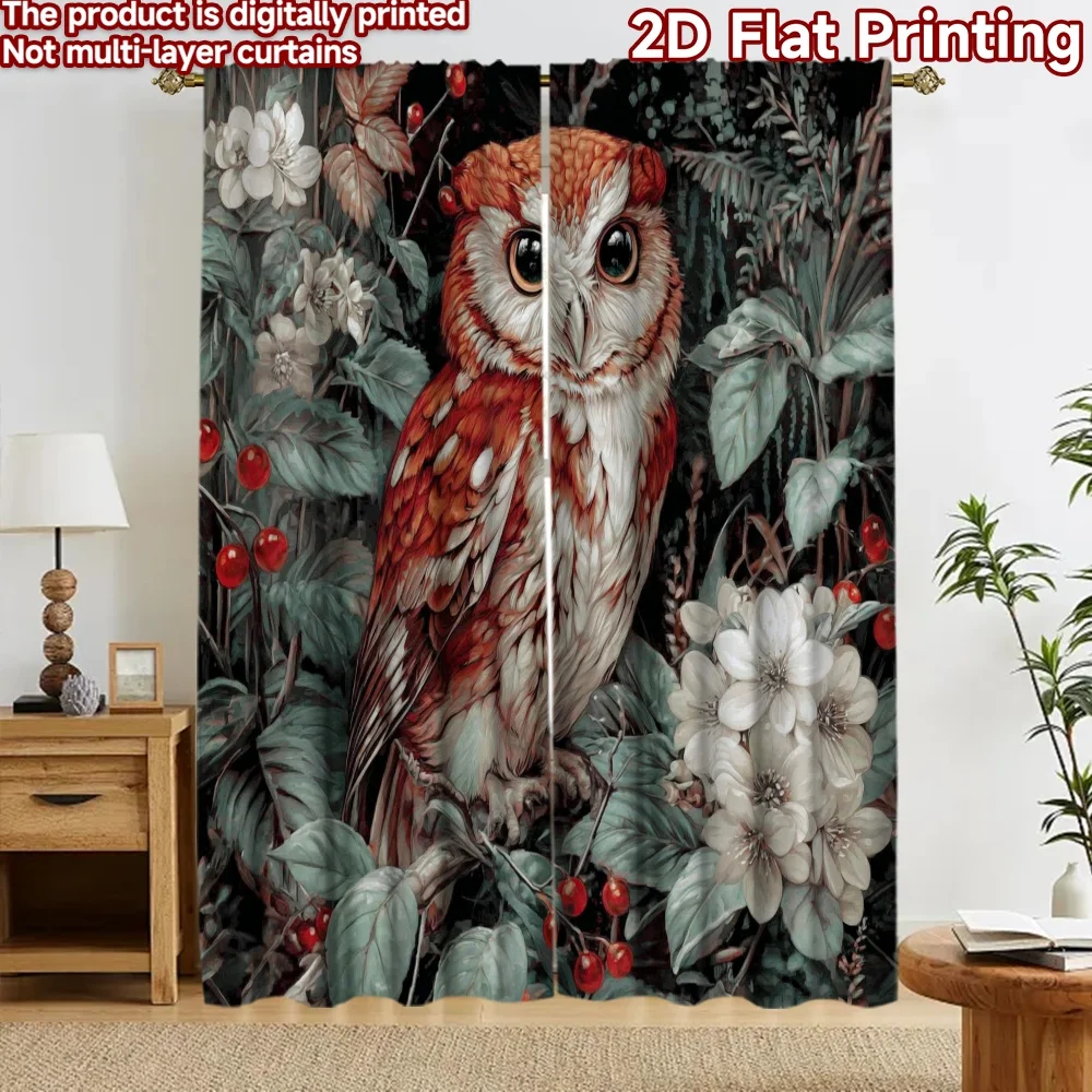 2D flat 2pcs Curtain Retro Country Style Curtains Rusty Owl and Flowers Digitally printed polyester, colorfast Party Decorations