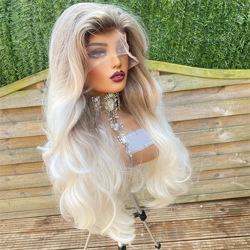 

Парик омбре платиновый блонд с кружевной основой, мягкий, натуральный, из термостойкого синтетического волокна, волнистый, с фронтальной кружевной вставкой 13x4, высокое качество, как настоящий.