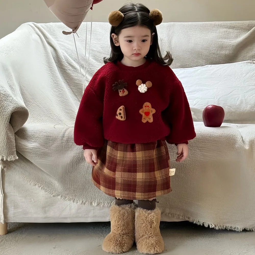 

Red Girls Christmas Outfi Autumn and Winter New Year's Kids Clothing Cartoon Printed Top + Plaid Skirt Warm 2 Piece Set