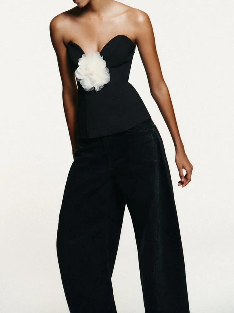 Invierno 2025 nuevo dulce Sexy Color Blo flor tubo Top mujer Faionable ropa étnica traje de escenario blusa