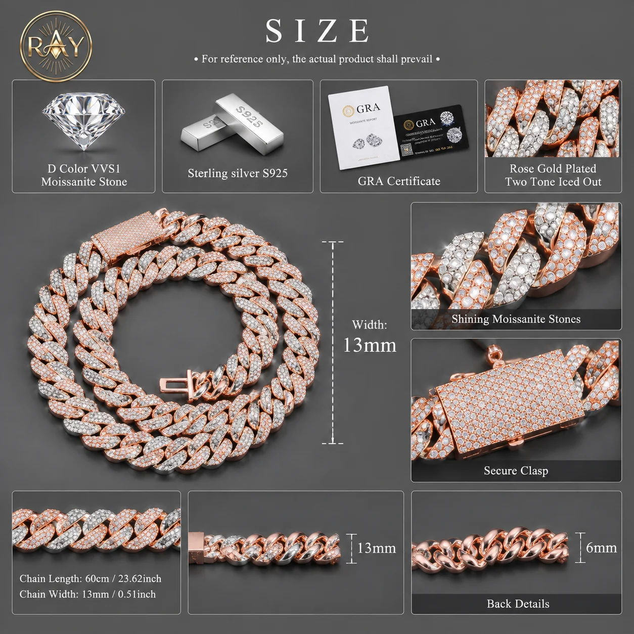 Gold .RAY Rose Plated Two Tone Iced 13mm 925 Sterling Silver GRA Certified Pass Tester Hop Jewelry Vvs Moissanite Cuban Link