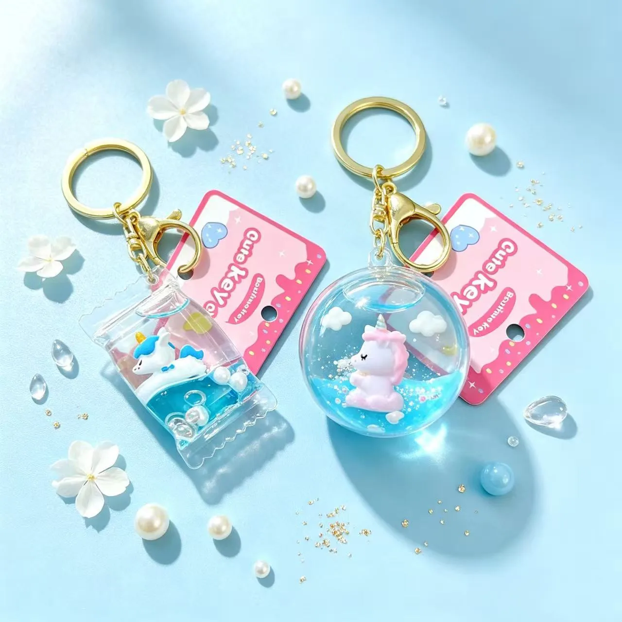 Cute Unicorn Toy Keychain with Blue Liquid Quicksand Lollipop Drift Bottle Design Female Small Pendant Gift for Schoolbags
