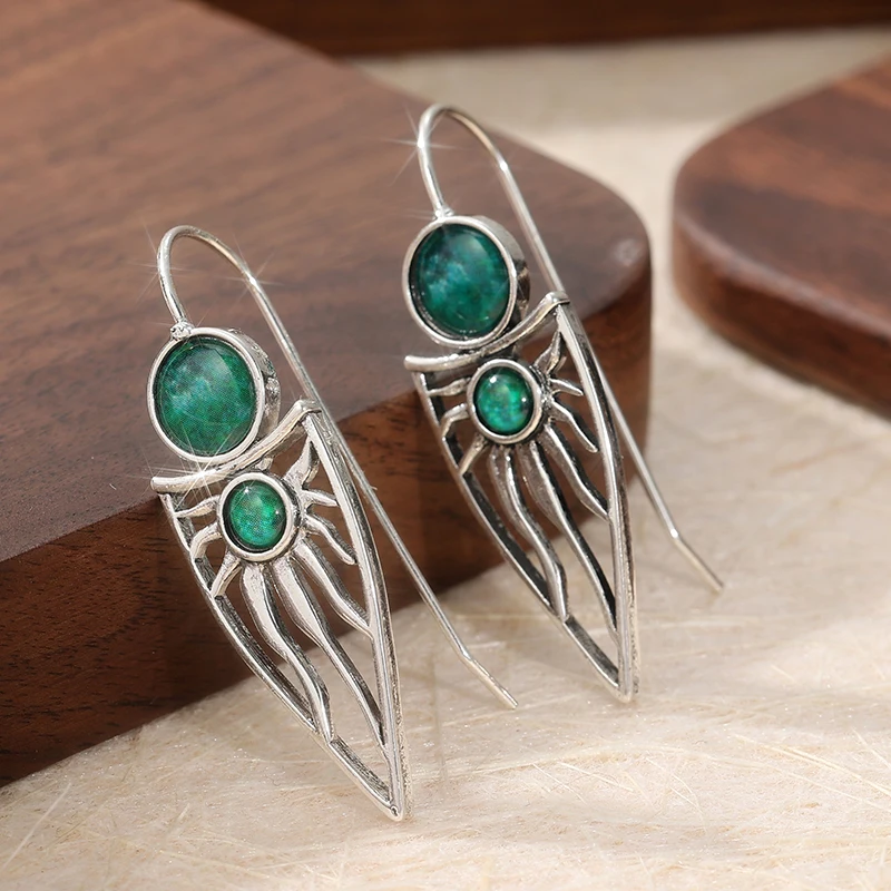 Bohemian Style Inlay Green Synthetic Gemstone Pendant Earrings Tribal Sun Pattern Metal Earrings Ethnic Jewelry