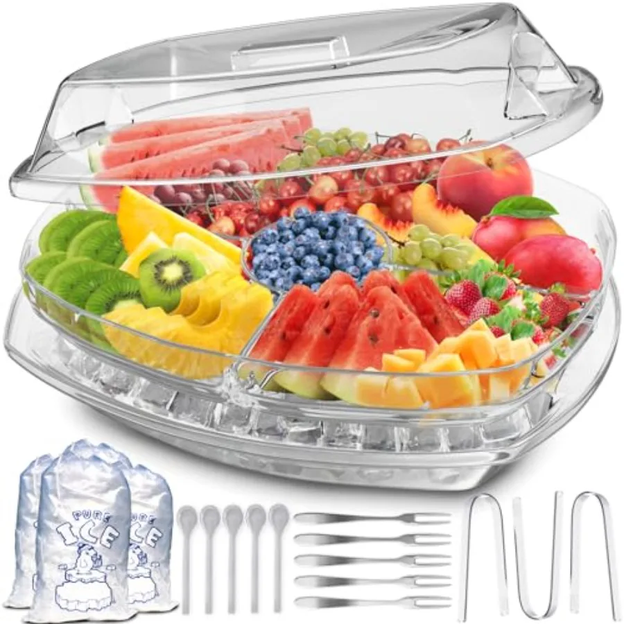 

Premium Chilled Serving Tray for Parties - 15" Ice Chilled Party Platter w/Lid and Dip Holder - Functional Cold Dish w/ 4 Compa