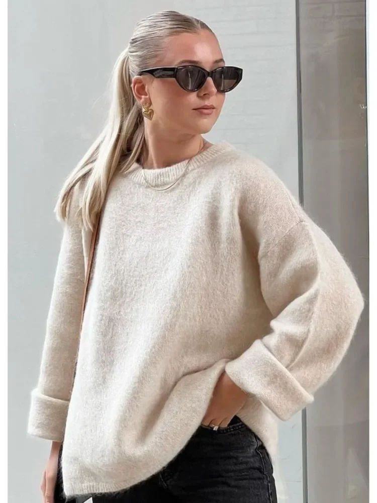 Solid O-neck Knitted Mohair Sweater For Women Warm Long Sleeved Elegant Lady Knitwear 2023 Loose Thick Casual Street Jumper Tops