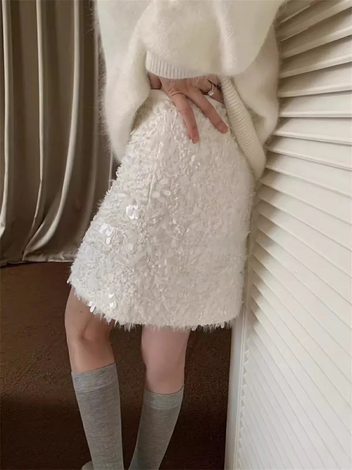 

Модная юбка с высокой талией и пайетками, женская утягивающая юбка трапециевидной формы с вышивкой для поездок на работу, OL Sle...